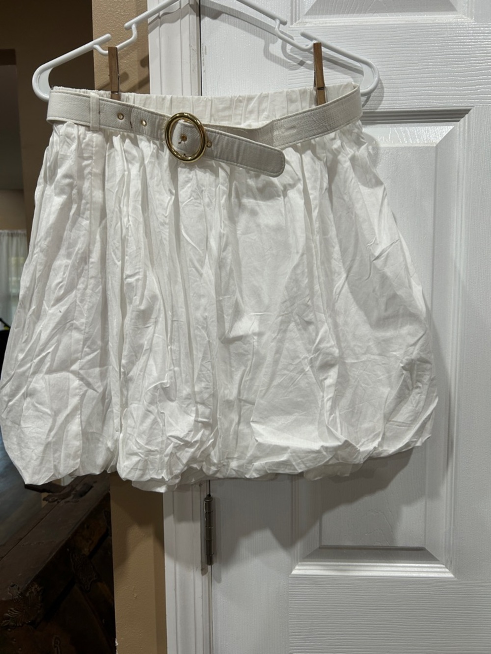 White Bubble Hem Skirt with Gold Buckle Belt
